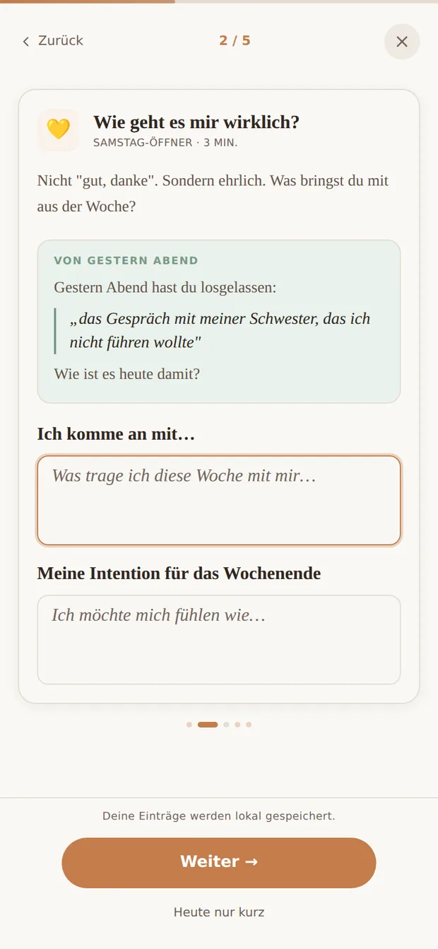Der Schritt „Wie geht es mir wirklich?“ mit dem Satz von gestern Abend darüber.